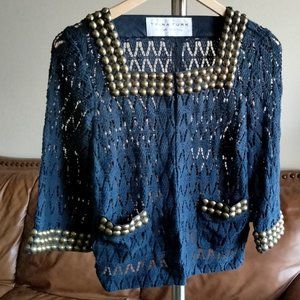 TRINA TURK Navy Blue Studded Crochet Cropped Bolero Jacket Top Size 2